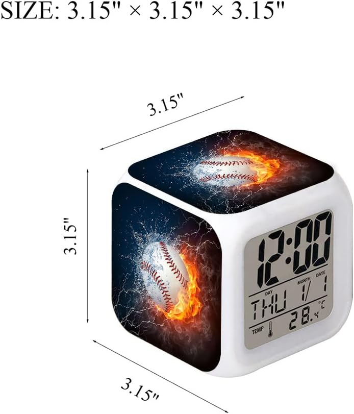 Led Alarm Clock Baseball Burning Sport Design Creative Desk Table Clock Glowing Electronic Colorful Digital Alarm Clock for Unisex Adults Kids Toy Birthday Present